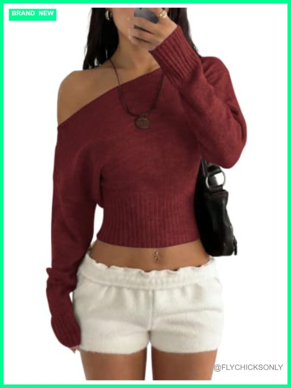 Off Shoulder Long Sleeve Knit Pullover Sweater Asymmetric Cinched Waist Casual